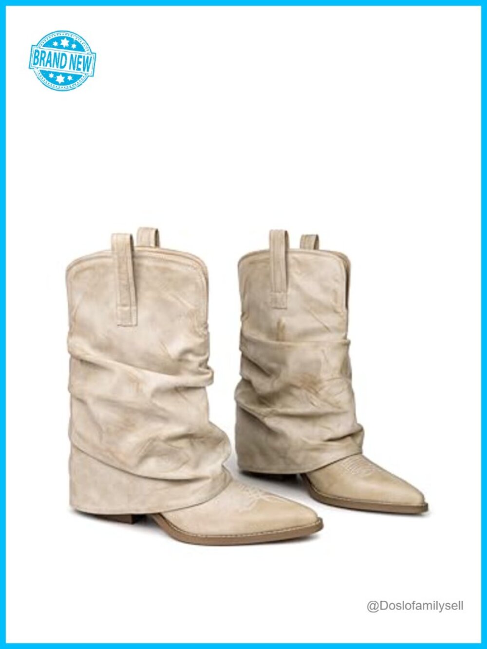 Faux Leather Mid Calf Western Cowboy Boots Pointed Toe Slouchy Pull On - Picture 2 of 6